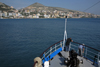 Sarand, Vlor County, Albania: boat prow and the coast line - Albanian riviera - Strait of Otranto linking the Adriatic and Ionian Seas - photo by A.Dnieprowsky