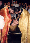 Armenia - Echmiadzin / Vagarshapat, Armavir province: baptism at Hripsmeh - priests and baby - photo by M.Torres)