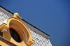 La Paz, Bolivia: oculus window and shingles - mansard roof of the Banco Central de Bolivia - corner of Calles Ingavi and Yanacocha - photo by M.Torres