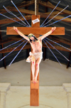 Ouagadougou, Burkina Faso: Christ in the interior of the Catholic Cathedral of the Immaculate Conception of Ouagadougou / Cathdrale de l'Immacule-Conception de Ouagadougou - hanging crucifix - photo by M.Torres