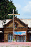 Brazzaville, Congo: library of the Cathedral of the Sacred Heart - Cathdrale du Sacr Cur / Cathdrale Saint Firmin (1892) - cross celebrating 100 years of Catholic Evangelization of Congo - Quartier de l'Aiglon - photo by M.Torres