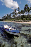 Coral Coast, Viti Levu, Fiji: fishing boat, clear waters, white sand beach, palm trees, and tropical blue sky of the Coral Coast - photo by C.Lovell