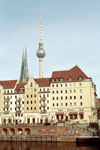 Berlin, Germany / Deutschland: Nikolaiviertel - Nikolai quarter and Funkturm - photo by M.Bergsma