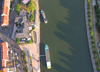 Wrzburg, Lower Franconia, Bavaria, Germany: Alter Kranen, the House of Franconian wines and river cruise boats on the Main - from the air - photo by D.Steppuhn