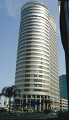 Ramat Gan, Tel Aviv district, Israel: metal building - Gibor Sport House skyscraper, designed by AMAV Architects - Diamond Exchange District - photo by Efi Keren