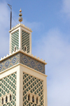 Nouakchott, Mauritania: Moroccan Mosque - ornate square minaret inspired in the Koutoubia in Marrakesh - minaret with zellidj tiles - Mosque Marocaine - photo by M.Torres