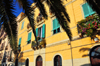 Cagliari, Sardinia / Sardegna / Sardigna: sunny faade under palm tree leaves - Via Santa Croce - quartiere Castello - photo by M.Torres