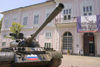 old T-55 tank, formerly used by the Yugoslav People's Army, now in Slovenian colours - outside museum of modern history in Tivoli park, Ljubljana, Slovenia - photo by I.Middleton