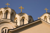 three gilded crosses on top of domed towers - Serbian Orthodox church of SS. Cyril and Methodius, Ljubljana , Slovenia - photo by I.Middleton