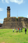 Galle, Southern Province, Sri Lanka: marching drill - clock tower and moon / Conceio bastion - Galle fort - Old Town - UNESCO World Heritage Site - photo by M.Torres