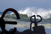 Donostia-San Sebastin, Gipuzkoa province, Euskadi: comb of the wind sculptures, by Eduardo Chillida Juantegui - tall waves on a stormy day at La Concha bay - El peine del viento - Passeo de Eduardo Chillida - photo by J.Zurutuza