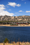 Estes Park, Larimer County, Colorado, USA: view over the glacier-fed Lake Estes and the Lake Shore Lodge - photo by M.Torres