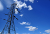 Estes Park, Larimer County, Colorado, USA: electricity pylon - steel lattice tower and high voltage power lines - Cumulus humilis - photo by M.Torres